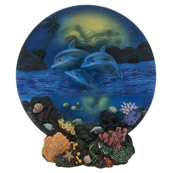 Classic Wildlife Collection Dolphin Plate and Base Ceramic 3D Nautical Sea Life - Picture 1 of 6
